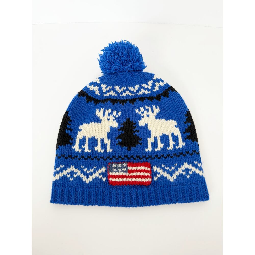 Polo Ralph Lauren 100% Wool Royal Blue White USA Moose Winter Hat Beanie Unisex